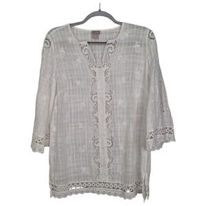 Chico's Sheer White Lacey Waffle Weave 3/4 Sleeve Blouse 0